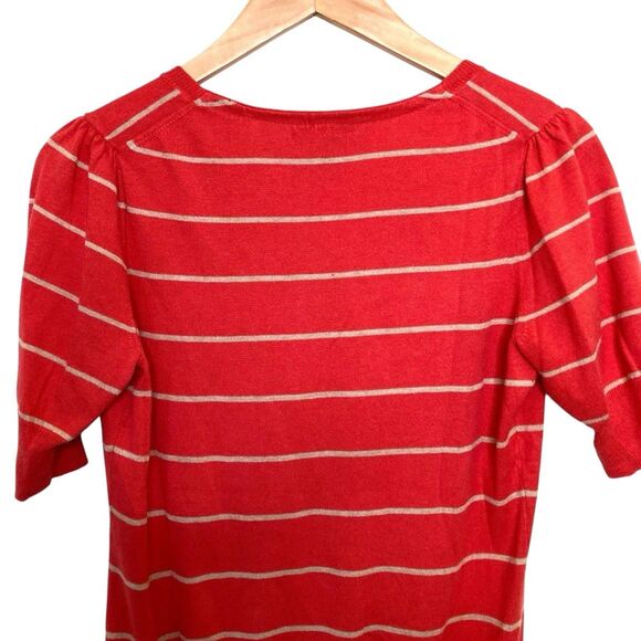 Banana Republic Silk Blend V-Neck Sweater S Short Sleeves Red Coral Beige Stripe - Picture 4 of 10